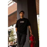 Unisex Bisiklet Yaka Baskılı Oversize T-Shirt - Siyah