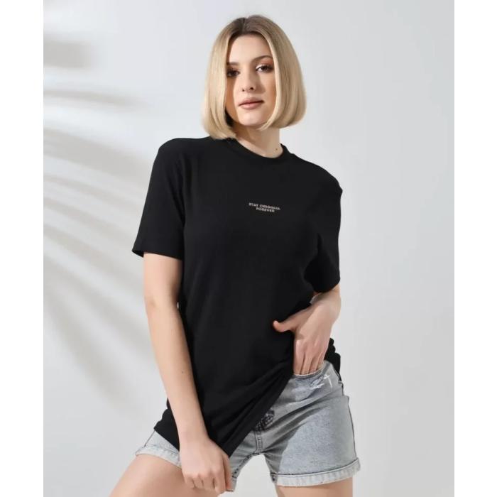 Unisex Bisiklet Yaka Baskılı Slim Fit T-Shirt - Siyah