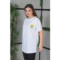 Unisex Bisiklet Yaka Baskılı Oversize T-Shirt - Beyaz