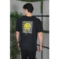 Unisex Bisiklet Yaka Baskılı Oversize T-Shirt - Siyah