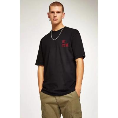 Unisex Bisiklet Yaka Oversize Baskılı T-Shirt - Siyah