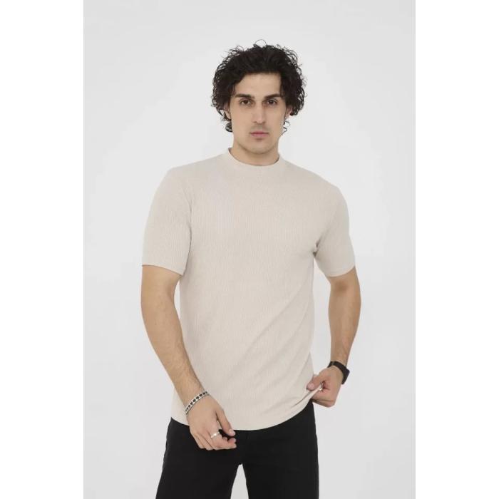 Unisex Bisiklet Yaka Slim Fit T-Shirt- Bej