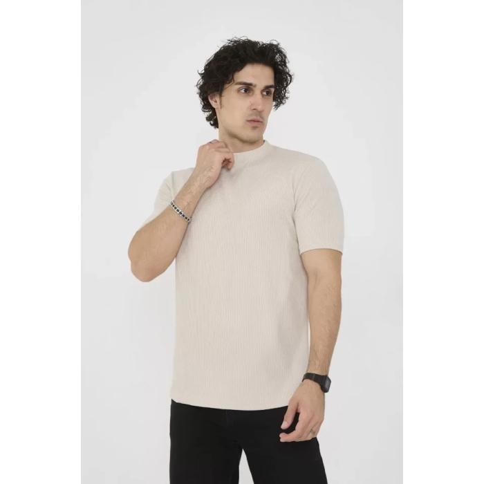 Unisex Bisiklet Yaka Slim Fit T-Shirt- Bej