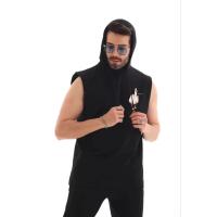 Unisex Kapşonlu Kolsuz Oversize Baskılı Tişört - Siyah