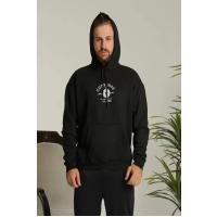Unisex Kapüşonlu Üç İplik Oversize  Baskılı Sweatshirt - Siyah