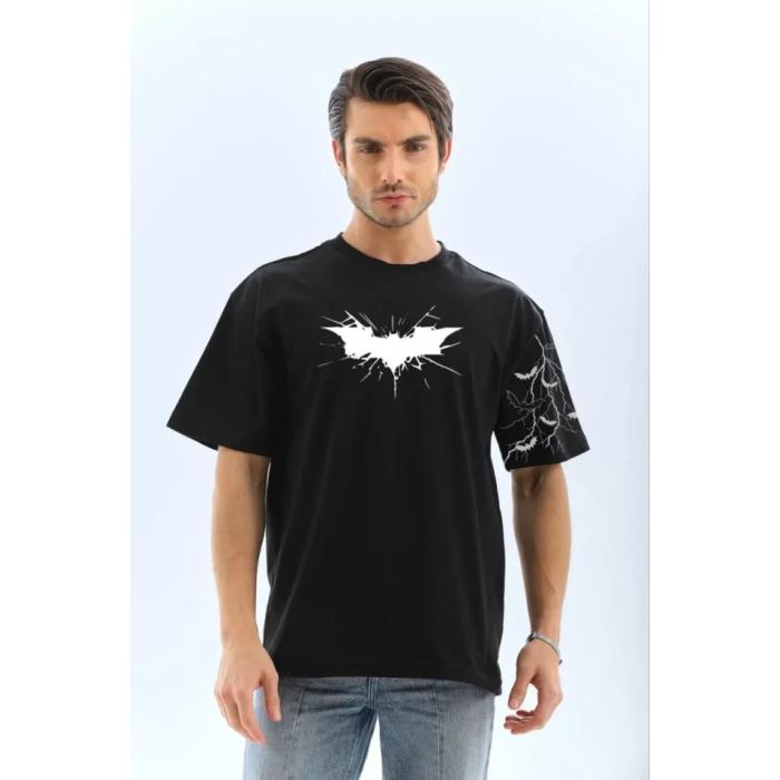 Unisex Ön Ve Kol Baskılı Oversize T-shirt - Siyah
