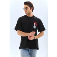 Unisex Oversize Baskılı Bisiklet Yaka T-Shirt - Siyah