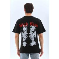 Unisex Oversize Baskılı Bisiklet Yaka T-Shirt - Siyah