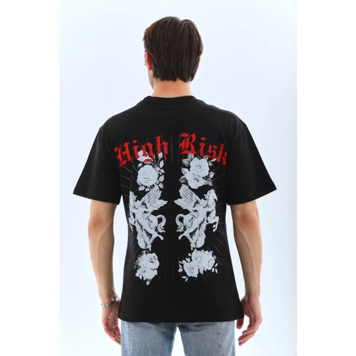 Unisex Oversize Baskılı Bisiklet Yaka T-Shirt - Siyah