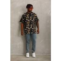 Unisex Oversize Baskılı Bisiklet Yaka T-Shirt - Siyah