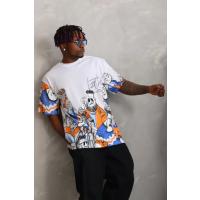 Unisex Oversize Baskılı Bisiklet Yaka T-Shirt - Beyaz