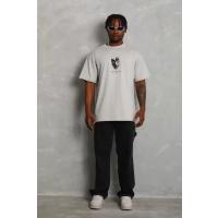 Unisex Oversize Baskılı Bisiklet Yaka T-Shirt - Gri