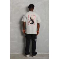 Unisex Oversize Baskılı Bisiklet Yaka T-Shirt - Gri