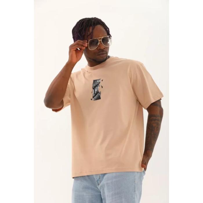 Unisex Oversize Baskılı Bisiklet Yaka T-Shirt - Bej