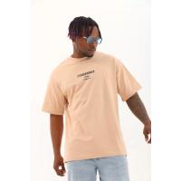 Unisex Oversize Baskılı Bisiklet Yaka T-Shirt - Bej