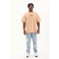 Unisex Oversize Baskılı Bisiklet Yaka T-Shirt - Bej