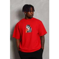 Unisex Oversize Baskılı Bisiklet Yaka T-Shirt - Kırmızı