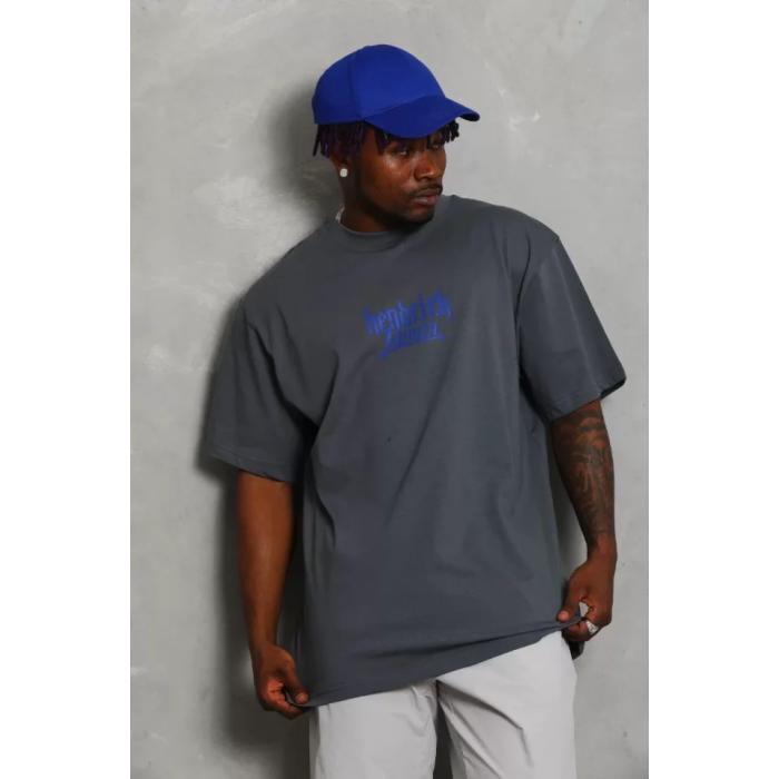 Unisex Oversize Baskılı Bisiklet Yaka T-Shirt - Füme