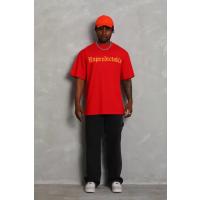 Unisex Oversize Baskılı Bisiklet Yaka T-Shirt - Kırmızı