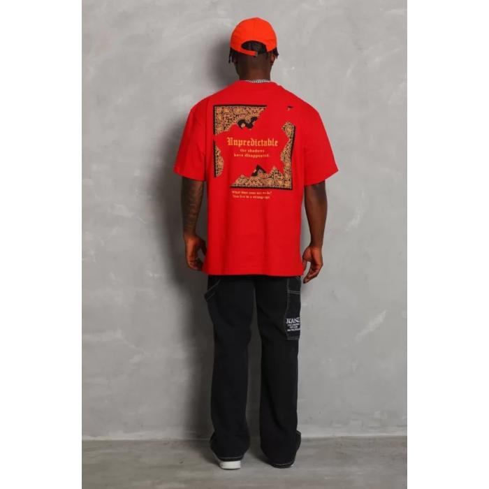 Unisex Oversize Baskılı Bisiklet Yaka T-Shirt - Kırmızı