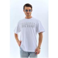 Unisex Oversize Taşlı Bisiklet Yaka T-Shirt - Beyaz