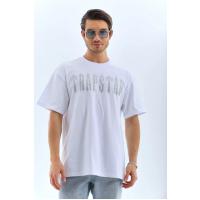 Unisex Oversize Taşlı Bisiklet Yaka T-Shirt - Beyaz