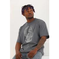 Unisex Oversize Taşlı Bisiklet Yaka T-Shirt - Füme