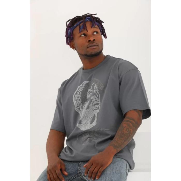 Unisex Oversize Taşlı Bisiklet Yaka T-Shirt - Füme
