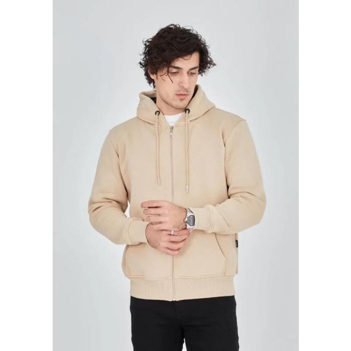 Unisex Tam Fermuarlı Kapşonlu  SweatShirt - Bej