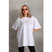 Unisex Taş Desenli Oversize T-Shirt - Beyaz