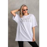 Unisex Taş Desenli Oversize T-Shirt - Beyaz