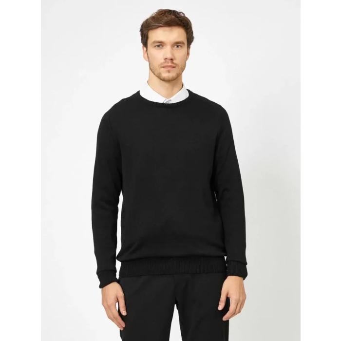 Unisex Uzun Kol Biskilet Yaka Dokuma Triko - Siyah