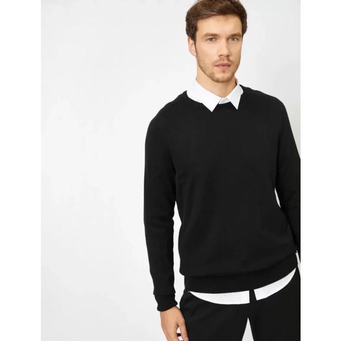 Unisex Uzun Kol Biskilet Yaka Dokuma Triko - Siyah