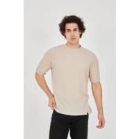 Unisex Waffle Kumaş Rahat Kol T-Shirt - Bej