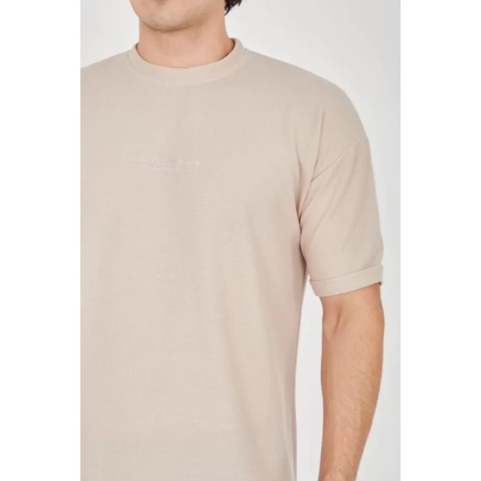 Unisex Waffle Kumaş Rahat Kol T-Shirt - Bej