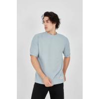 Unisex Waffle Kumaş Rahat Kol T-Shirt - Buz Mavisi