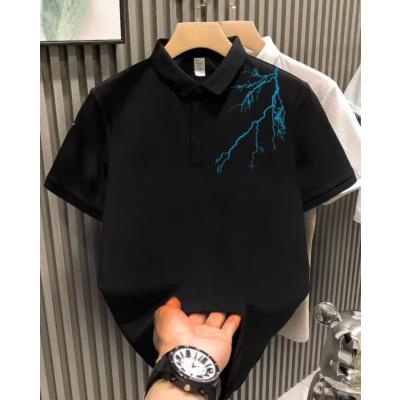 Unisex Yakası Düğmeli Oversize Baskılı T-Shirt - Siyah