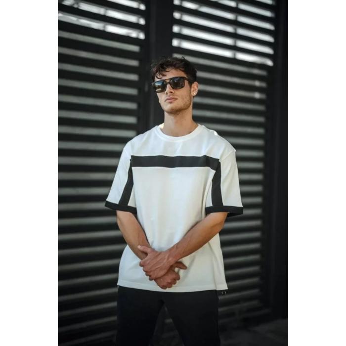 Unisex Yandan Fermuarlı Parçalı T-Shirt - Beyaz