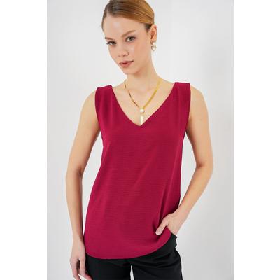 V Yaka Sıfır Kol Bluz 950 - Bordo