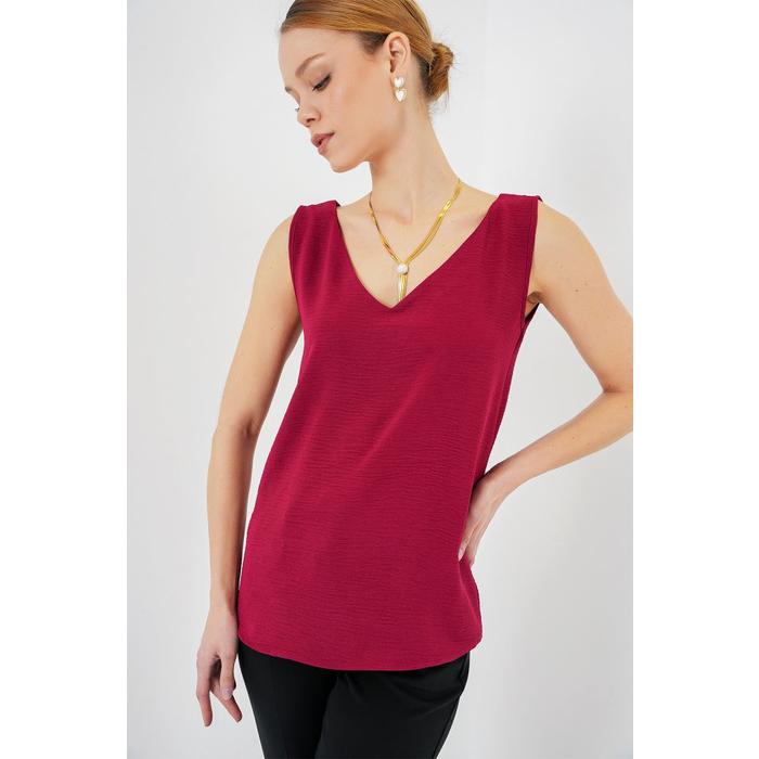 V Yaka Sıfır Kol Bluz 950 - Bordo