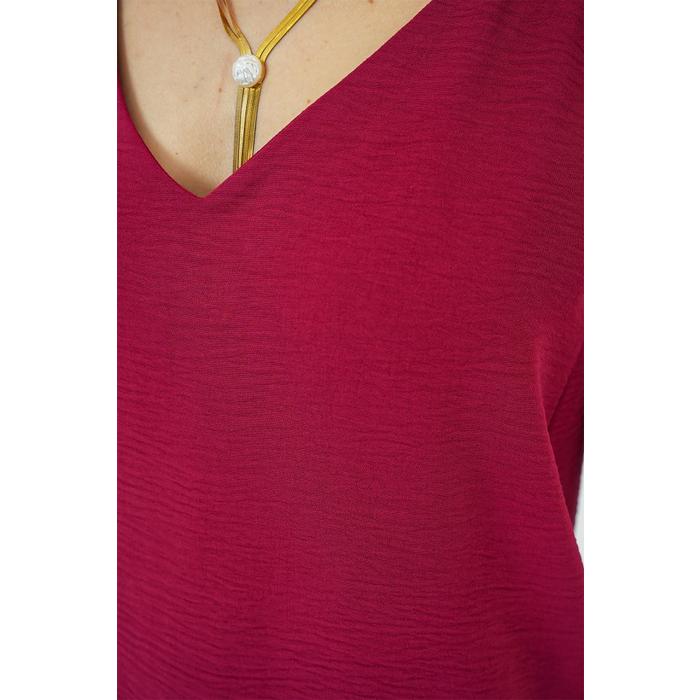 V Yaka Sıfır Kol Bluz 950 - Bordo