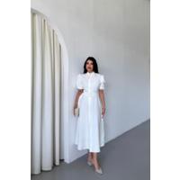 YAKA DÜĞME DETAYLI ELBİSE - Beyaz