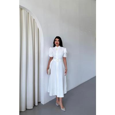 YAKA DÜĞME DETAYLI ELBİSE - Beyaz