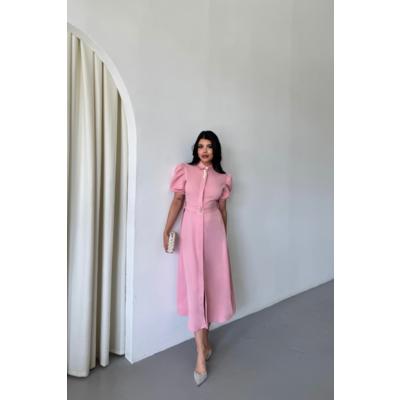 YAKA DÜĞME DETAYLI ELBİSE- Pembe