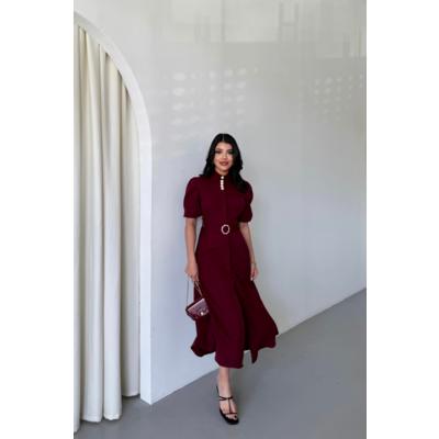 YAKA DÜĞME DETAYLI ELBİSE- Bordo