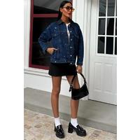 Yaka Siyah Garni Pul Payet Taşlı Oversize Denim Ceket 6125