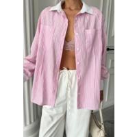 YAKA VE MANŞET BEYAZ  BOYFRİEND ÇİZGİLİ  POPLİN GÖMLEK - Pembe
