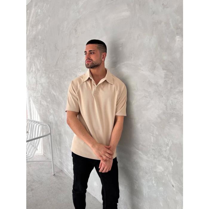 Yakalı Patlı Kısa Kol T-shirt - Bej