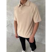 Yakalı Patlı Kısa Kol T-shirt - Bej